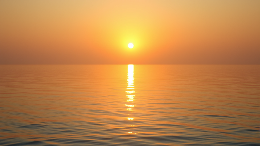Peaceful sunrise over calm waters with soft golden light reflecting serenity and inner peace no text no words no letters