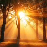 Soft morning light streaming through trees with peaceful meditation space, warm golden tones, tranquil nature scene, no text no words no letters