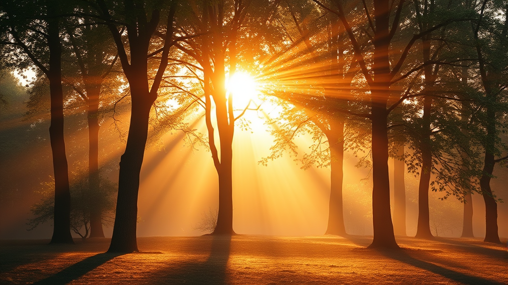 Soft morning light streaming through trees with peaceful meditation space, warm golden tones, tranquil nature scene, no text no words no letters