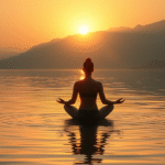 Peaceful meditation scene with soft golden light, tranquil water, mountains, person in lotus pose, no text no words no letters