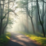 Peaceful misty forest path with soft morning light filtering through trees, serene atmosphere representing life journey, no text no words no letters