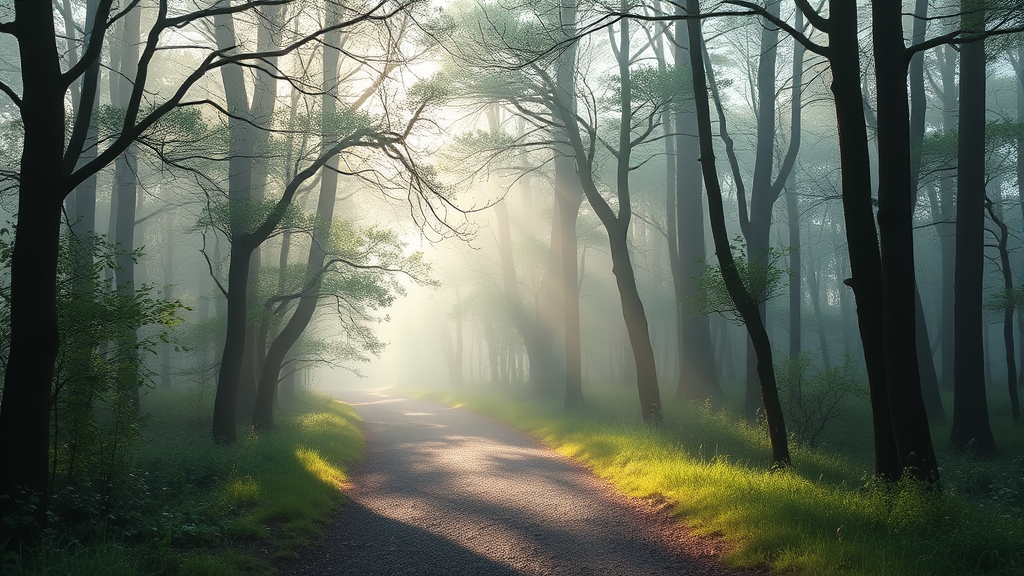 Peaceful misty forest path with soft morning light filtering through trees, serene atmosphere representing life journey, no text no words no letters