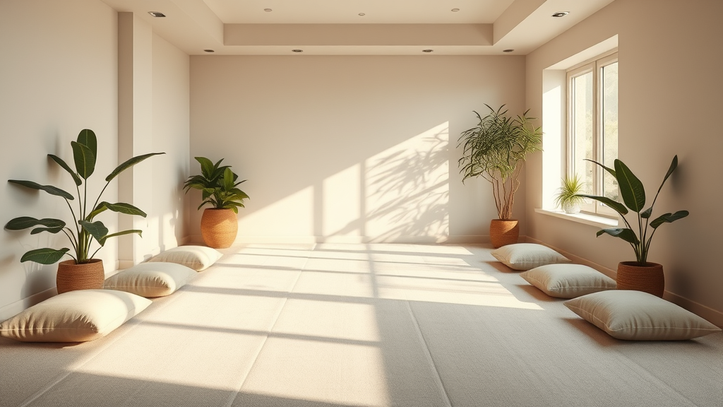 Calm meditation space with soft cushions, gentle natural lighting, plants, tranquil atmosphere, no text no words no letters