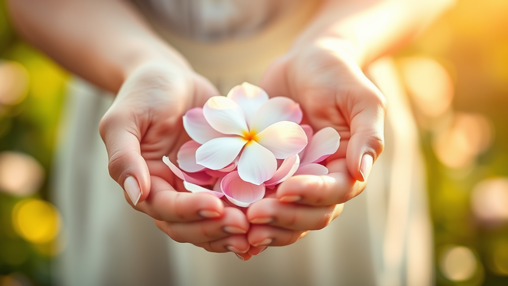 Gentle hands holding delicate flower petals in soft natural light with blurred peaceful background no text no words no letters