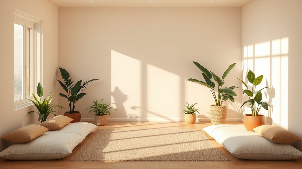 Calm meditation space with soft natural lighting, plants and cushions, peaceful therapy setting atmosphere, warm colors, no text no words no letters