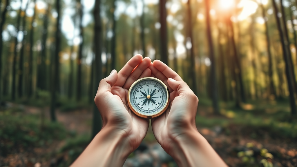 Gentle hands holding compass in peaceful forest setting, warm natural light filtering through trees, calm atmosphere, no text no words no letters