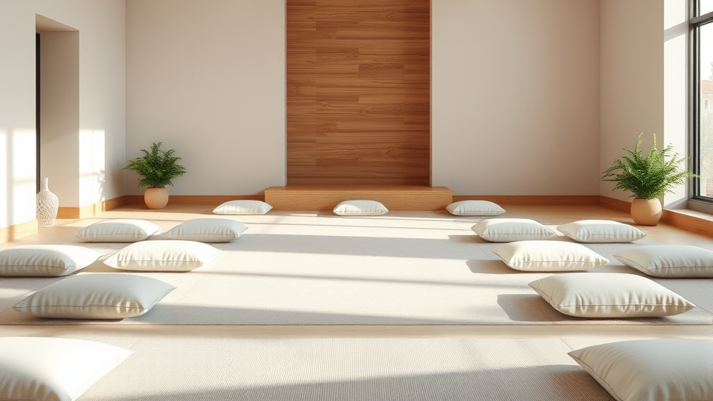 Calm meditation space with soft cushions, gentle natural lighting, peaceful indoor sanctuary setting, no text no words no letters