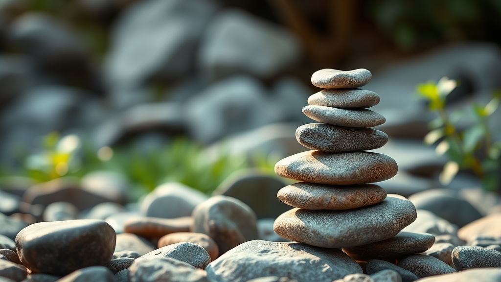 Abstract representation of balance with smooth river stones carefully stacked in meditation garden, soft natural lighting, tranquil setting, no text no words no letters