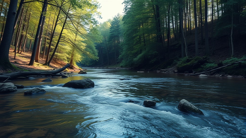 Gentle flowing river through serene forest representing life journey and natural balance no text no words no letters