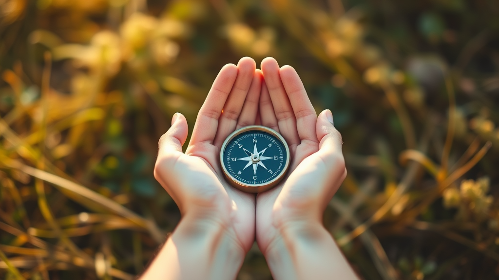 Gentle hands holding compass in nature setting, warm sunlight, peaceful meditation concept, soft earth tones, no text no words no letters
