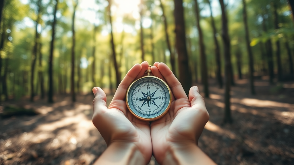Gentle hands holding compass in forest setting, dappled sunlight through trees, earth tones, peaceful contemplation, no text no words no letters