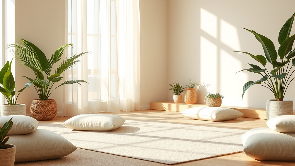 Calm meditation space with soft cushions, warm natural lighting, plants, peaceful atmosphere, mindfulness concept, tranquil, no text no words no letters
