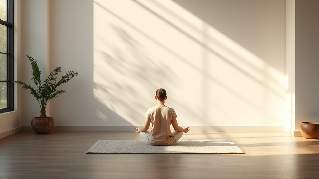 Calm meditation space with gentle natural lighting, peaceful atmosphere, mindfulness concept, no text no words no letters