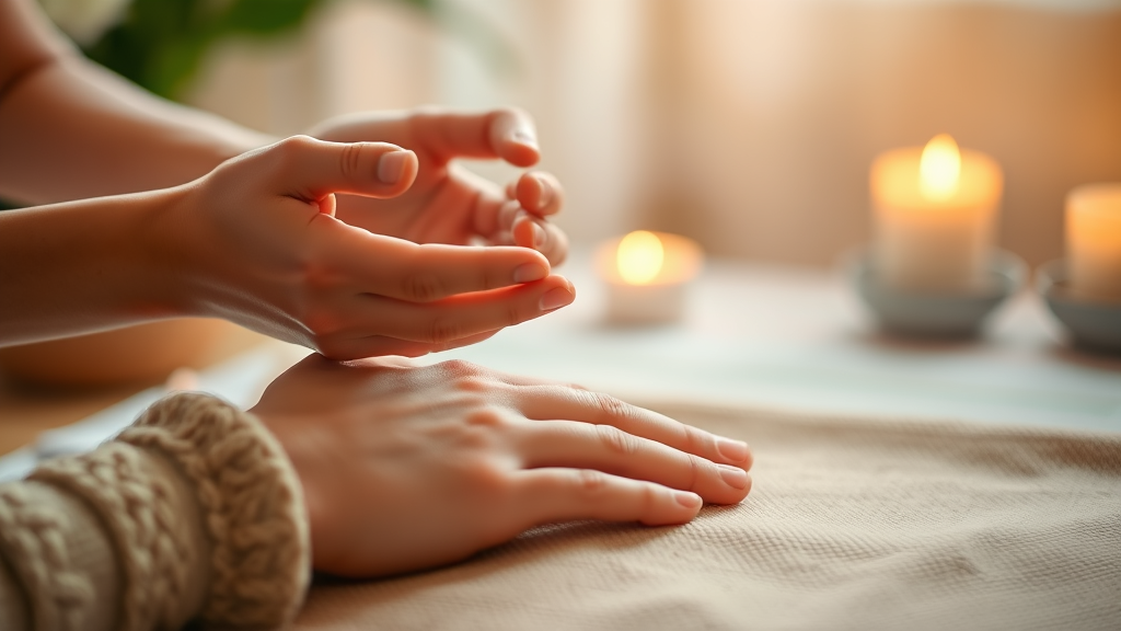 Gentle hands in therapeutic setting, soft focus, healing environment, warm lighting, peaceful ambiance, no text no words no letters