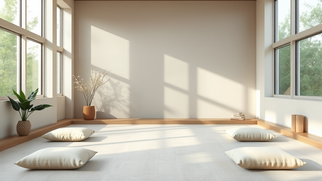 Calm meditation space with soft cushions and gentle natural lighting, tranquil therapeutic environment, no text no words no letters