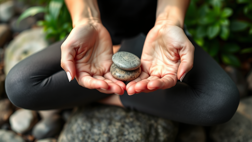 Gentle hands holding smooth river stones in meditation pose, soft natural lighting, peaceful zen garden setting, no text no words no letters