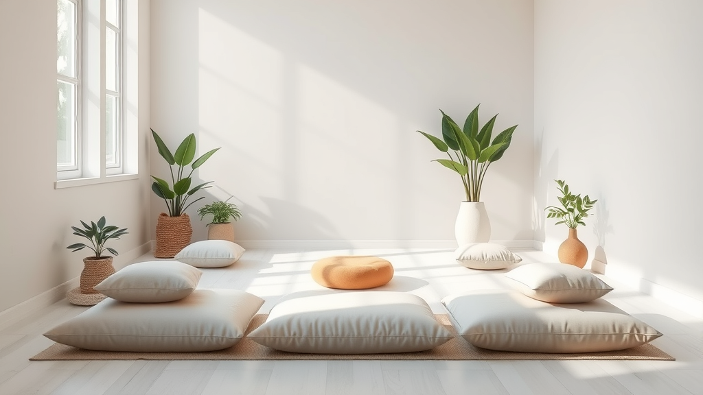 Calm meditation space with soft cushions natural lighting and plants creating tranquil therapeutic environment no text no words no letters