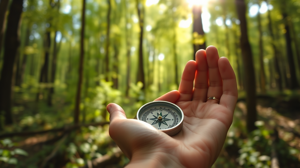 Gentle hands holding compass in forest setting with dappled sunlight filtering through trees no text no words no letters