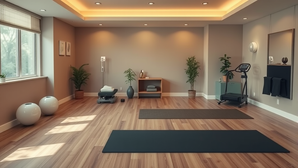 Serene therapy room with exercise equipment peaceful atmosphere warm lighting calming colors healing space no text no words no letters
