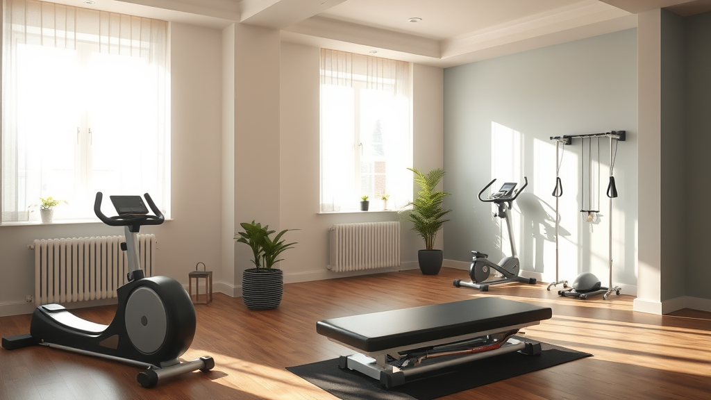 Peaceful therapy room with exercise equipment, warm sunlight streaming through windows, supportive environment, no text no words no letters