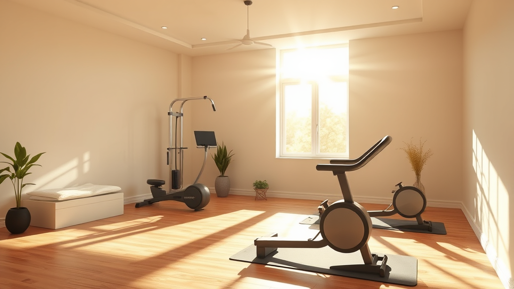 Serene therapy room with exercise equipment bathed in warm sunlight showing healing environment no text no words no letters