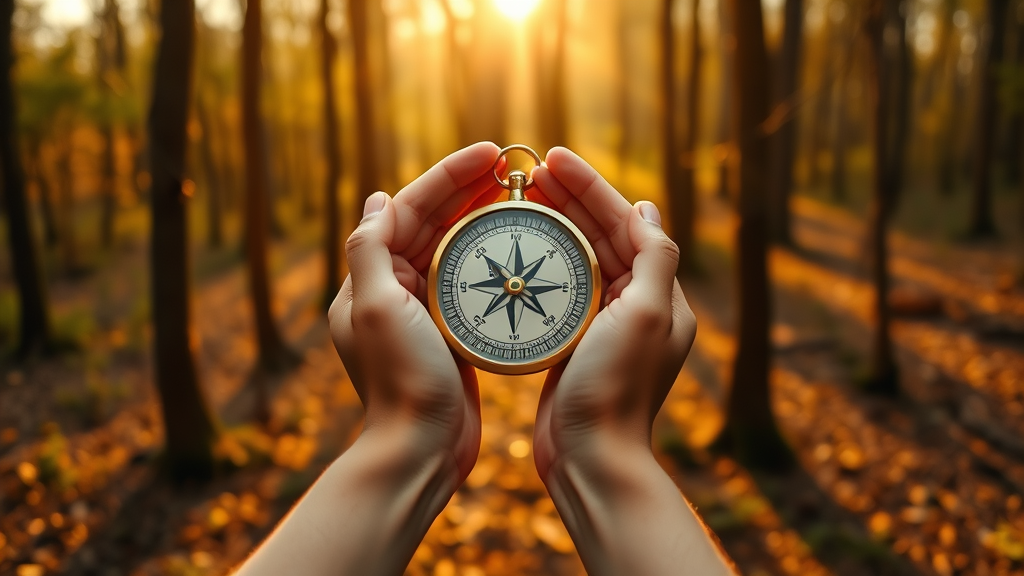 Gentle hands holding compass in forest setting, warm golden hour lighting, nature therapy concept, peaceful and grounding, no text no words no letters