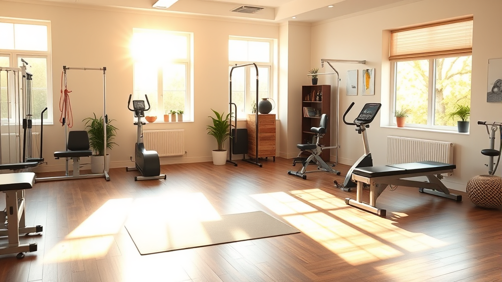 Serene physical therapy space with exercise equipment, warm sunlight streaming through windows, peaceful and encouraging atmosphere, no text no words no letters