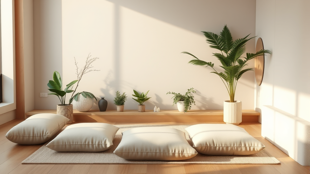 Calm meditation space with cushions plants and gentle natural lighting peaceful therapy environment wellness concept no text no words no letters