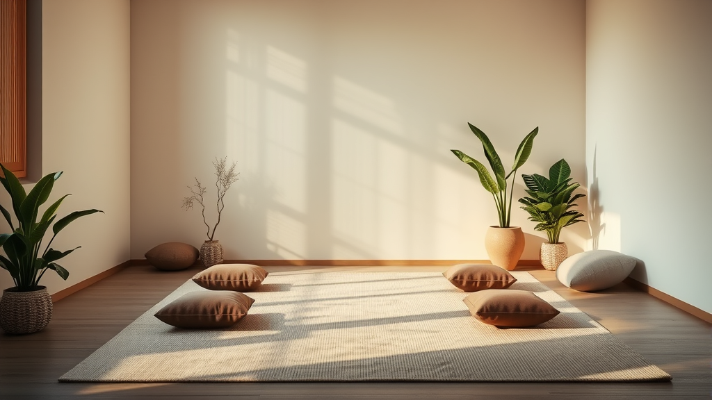 Quiet meditation space with cushions and plants, warm natural lighting, peaceful indoor sanctuary, minimalist zen atmosphere, no text no words no letters