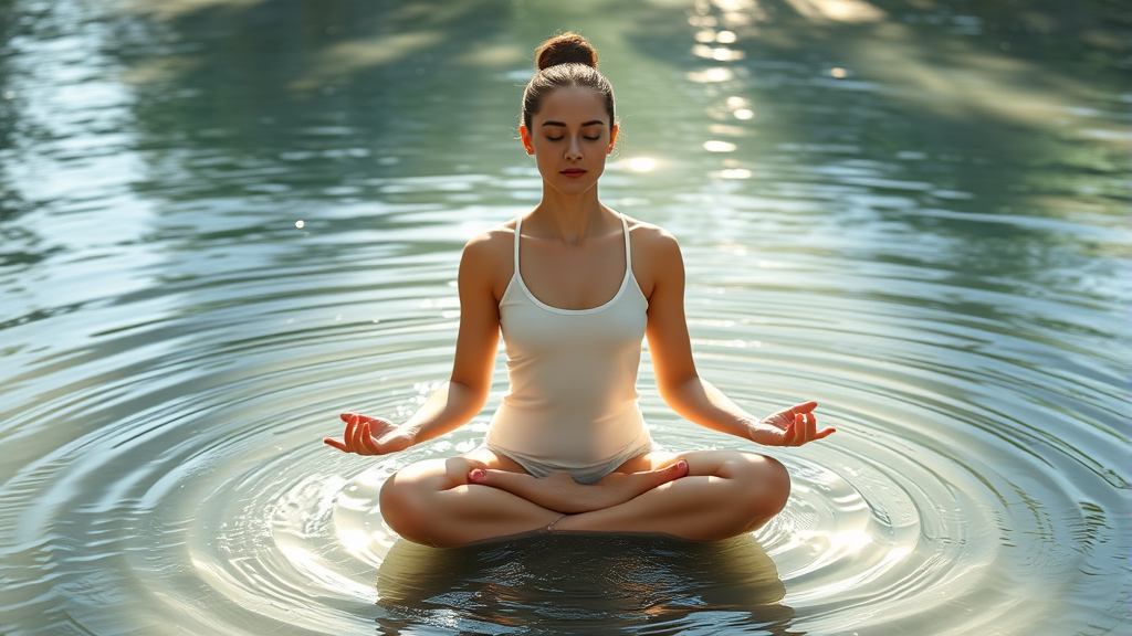 Calm person sitting peacefully in meditation pose surrounded by soft natural light and flowing water elements no text no words no letters