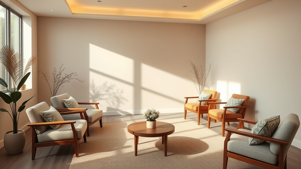 Calm therapy room with comfortable seating and soft natural lighting creating safe healing space, warm atmosphere, no text no words no letters