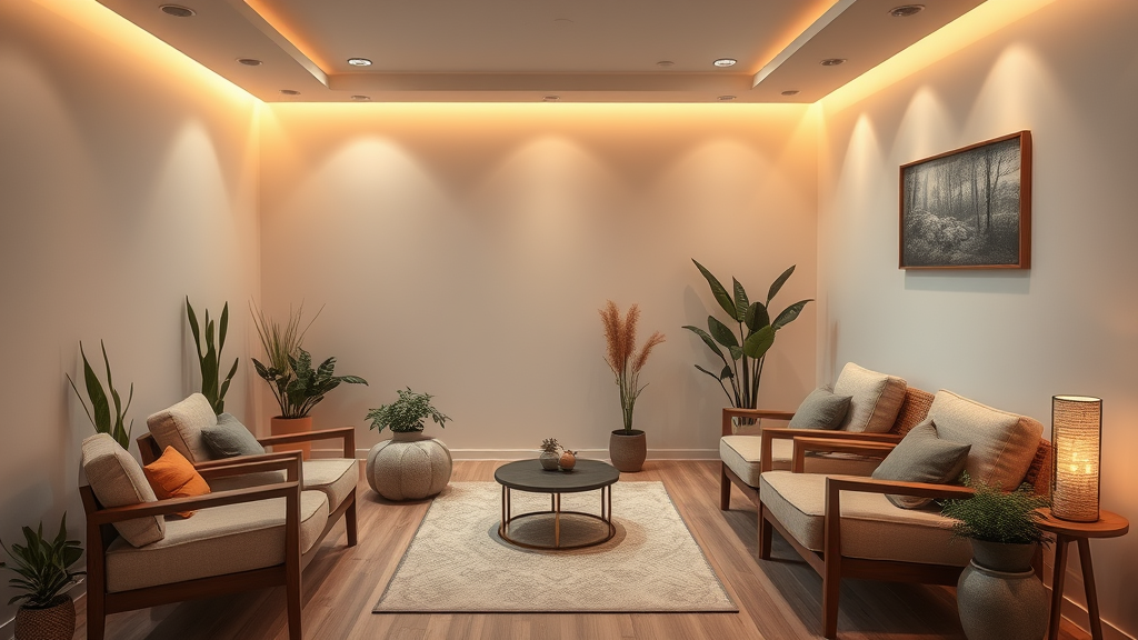 Tranquil therapy room with comfortable seating, warm ambient lighting, plants and natural elements, peaceful atmosphere, no text no words no letters