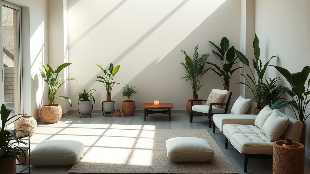 Calm meditation space with soft natural lighting, plants and comfortable seating, peaceful therapy environment, no text no words no letters