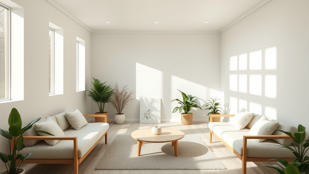 Calm therapy room with natural lighting, comfortable seating, plants and soft textures creating peaceful healing environment, no text no words no letters