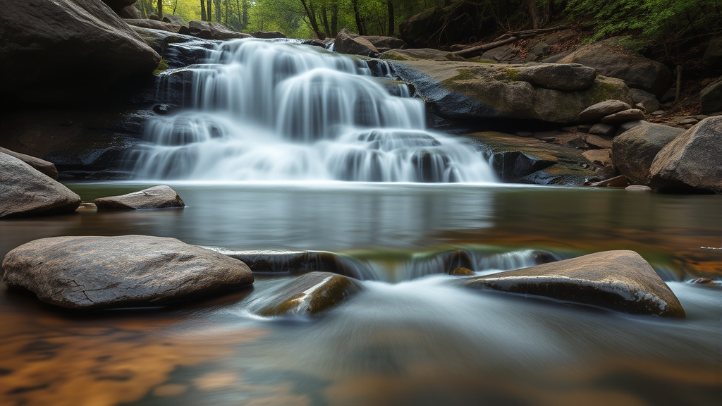 Gentle waterfall flowing over smooth rocks in forest setting, tranquil nature scene, soft natural lighting, no text no words no letters