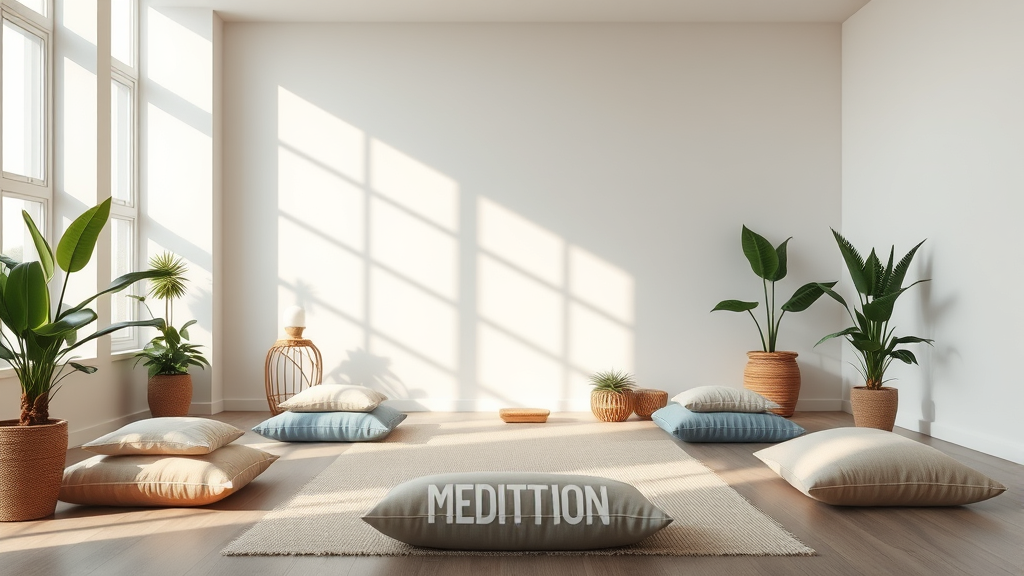 Calm meditation space with soft natural lighting, comfortable cushions, indoor plants, tranquil environment for reflection and clarity, no text no words no letters