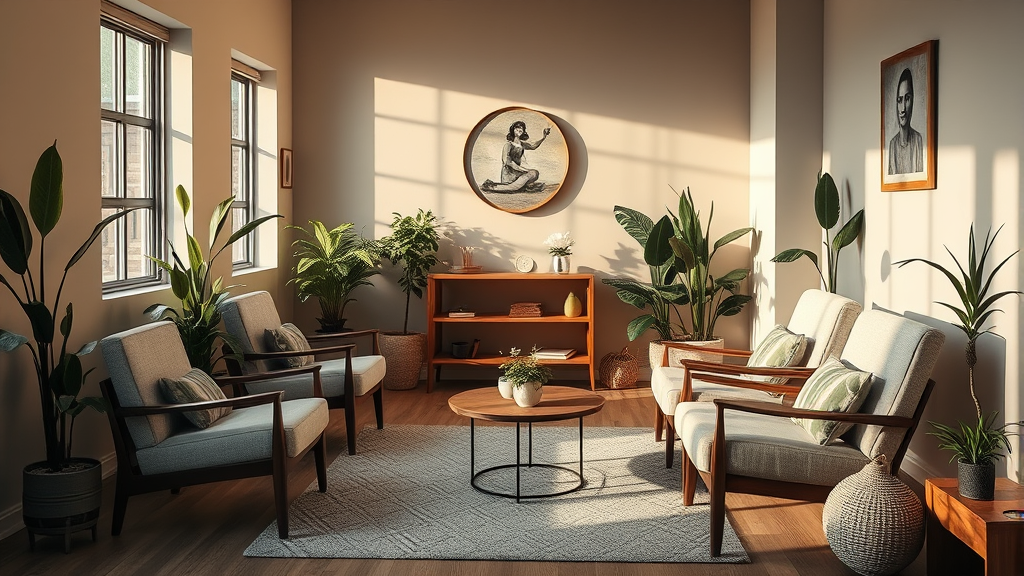 Quiet therapy room with comfortable chairs, warm natural lighting, plants and calming decor, peaceful healing space, no text no words no letters