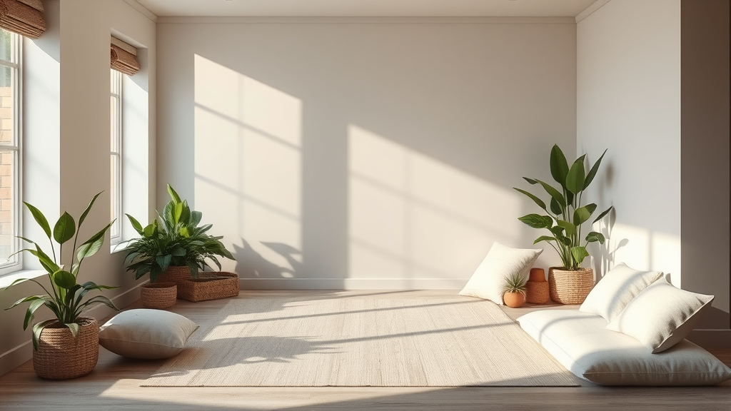 Calm meditation space with gentle lighting, indoor plants, soft cushions, serene atmosphere, natural textures, no text no words no letters