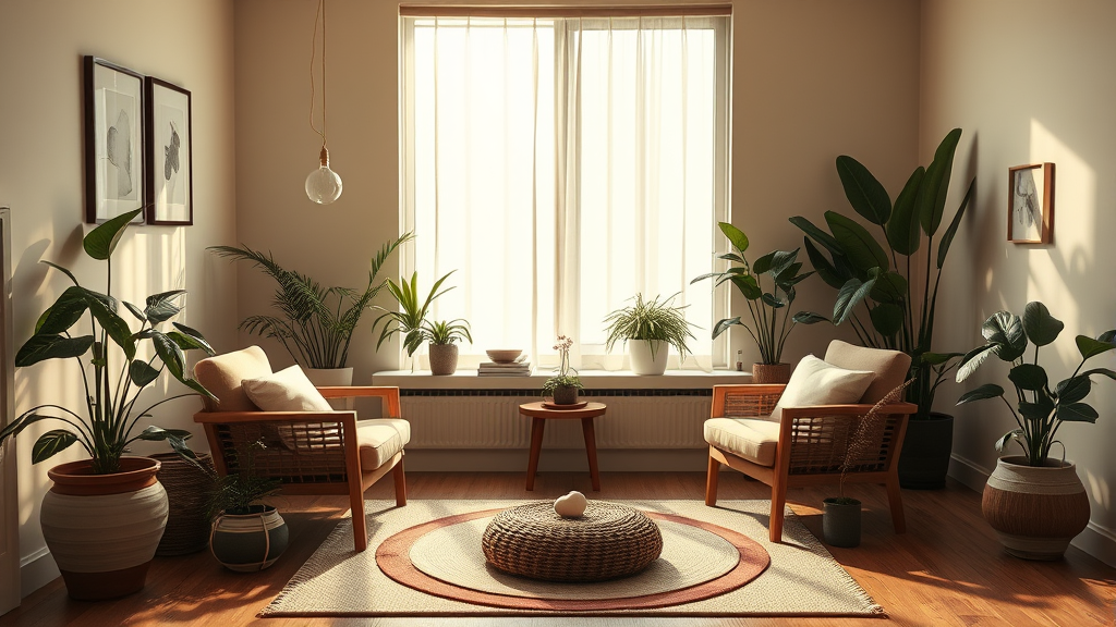 Peaceful therapy room with natural lighting and plants creating calm healing environment for mental wellness, warm tones, no text no words no letters