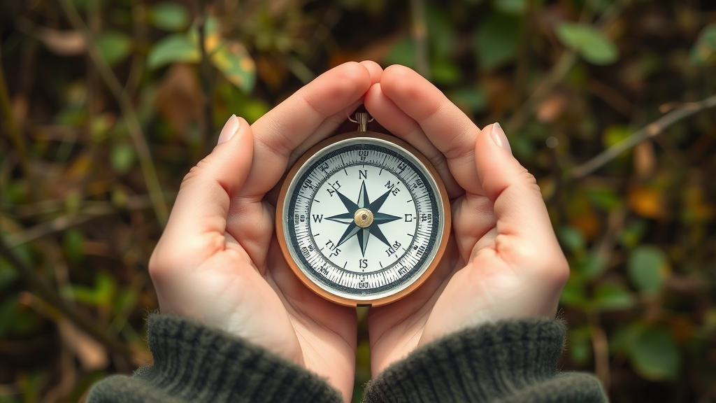 Gentle hands holding compass in nature setting representing guidance and direction finding no text no words no letters
