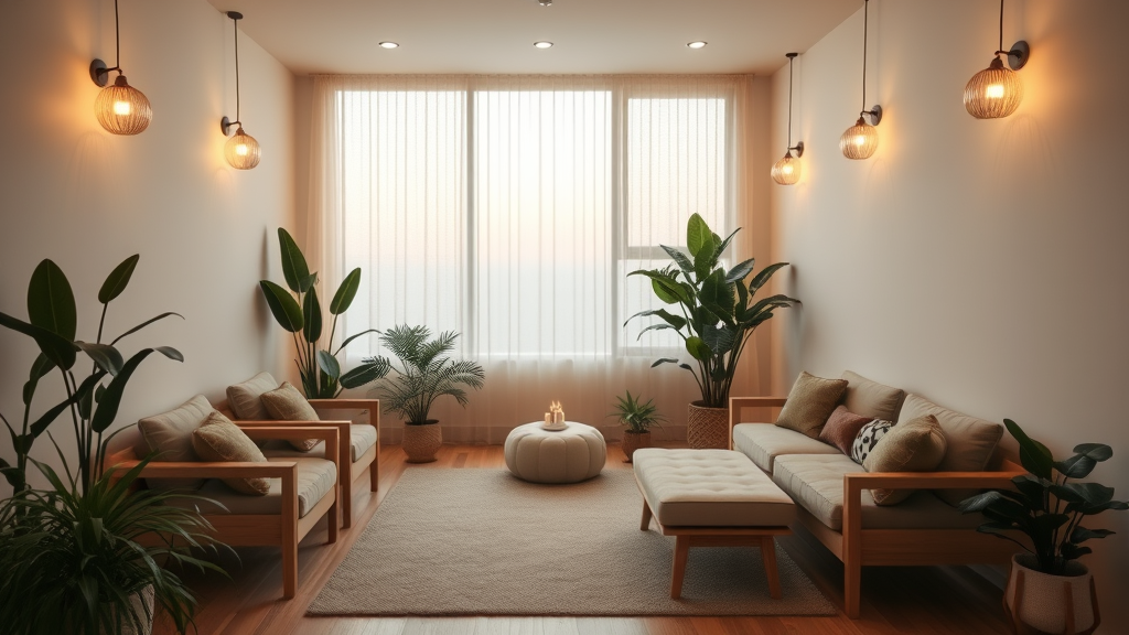 Tranquil therapy room setting with warm lighting, comfortable seating, plants and natural elements creating peaceful healing environment, no text no words no letters