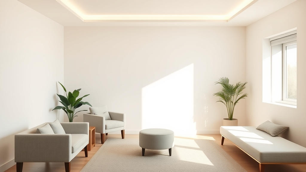 Calm therapy room with soft natural lighting and comfortable seating, warm peaceful atmosphere suggesting healing and support, no text no words no letters