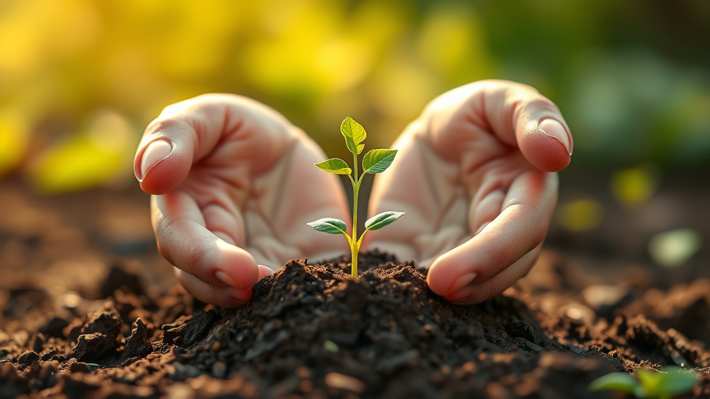 Gentle hands holding small green seedling emerging from rich soil, warm lighting symbolizing growth and potential, calm nature scene, no text no words no letters