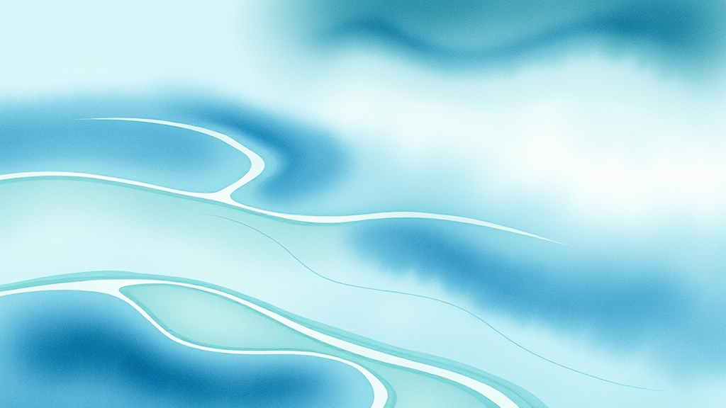 Abstract watercolor painting of gentle flowing streams merging into clear lake, soft blues and greens, tranquil therapy setting, no text no words no letters