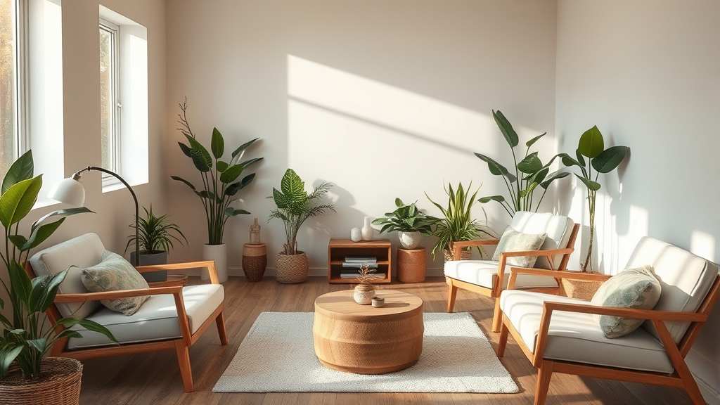 Calm therapy room with comfortable seating, warm natural lighting, plants and soft textures, peaceful atmosphere, no text no words no letters