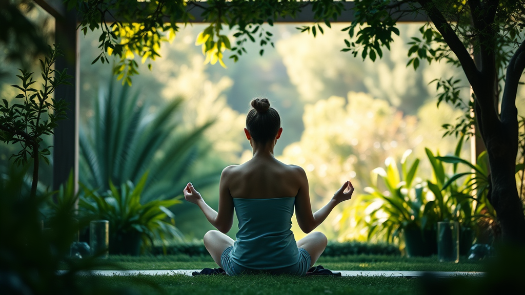 Calm person meditating in peaceful garden setting, soft natural lighting, tranquil therapeutic atmosphere, wellness and clarity, no text no words no letters