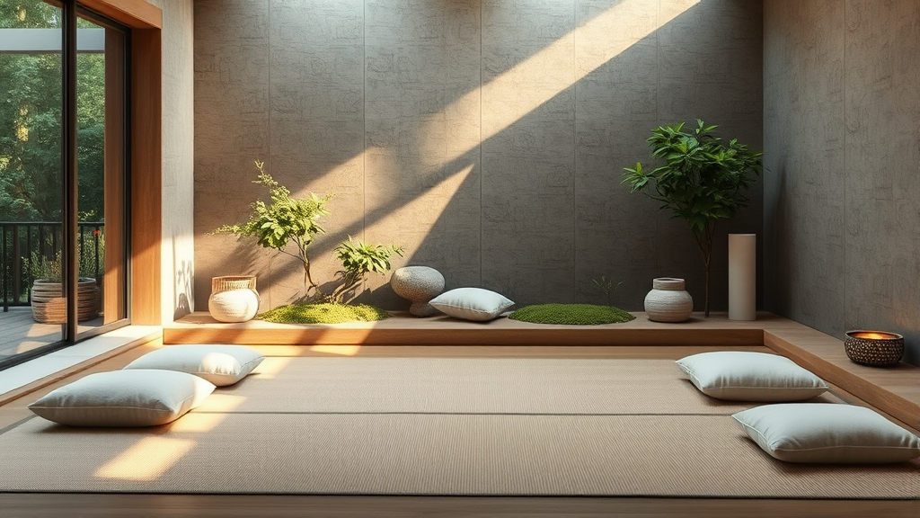 Calm meditation space with natural elements, soft cushions, gentle lighting, zen garden aesthetic, tranquil healing environment, no text no words no letters
