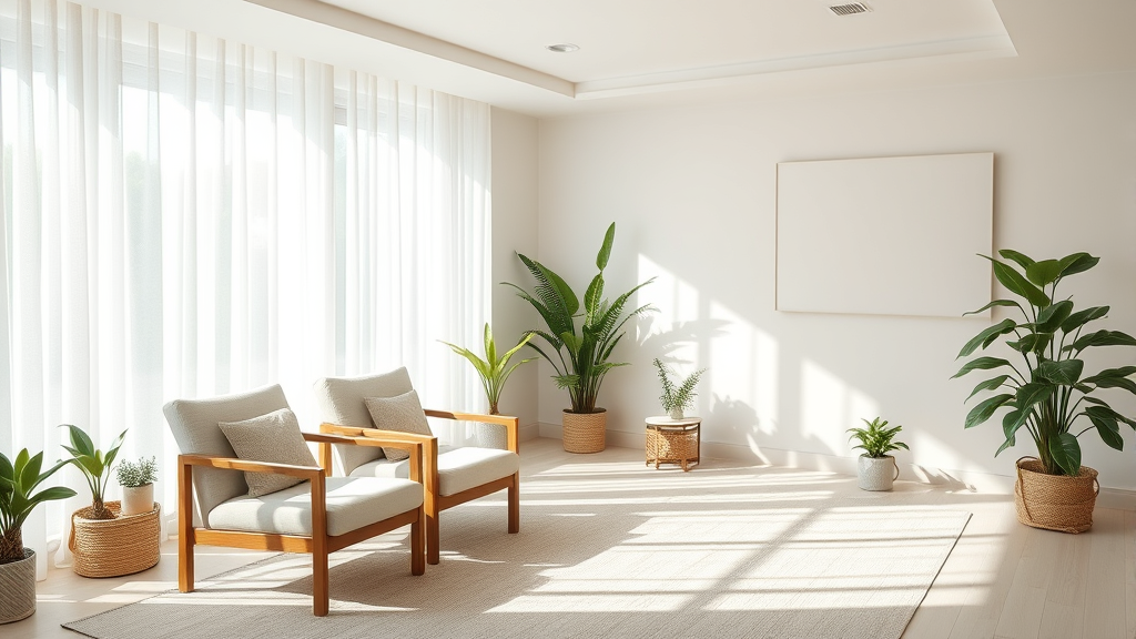Calm therapy room with soft natural light comfortable chairs plants peaceful healing environment no text no words no letters