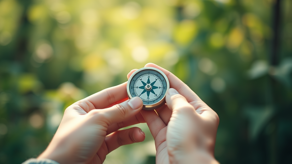 Gentle hands holding compass in calm nature setting representing guidance and direction soft natural lighting no text no words no letters