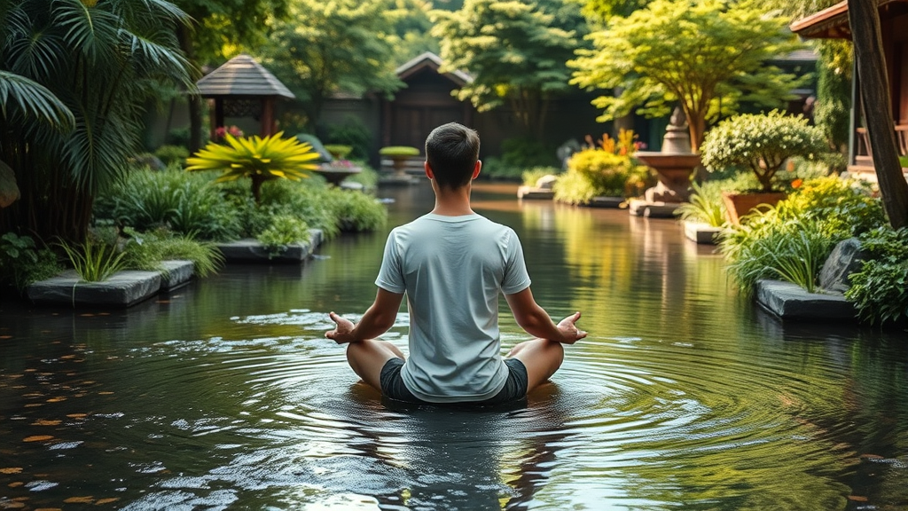 Person meditating in tranquil garden setting surrounded by gentle flowing water and lush greenery no text no words no letters